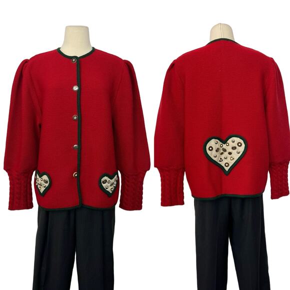 Lanamoden Salzburg Wool Cardigan Sweater Knit Red Heart Embellishment XL - Picture 1 of 11